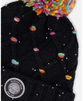 Girl Lined Knit Pompom Hat Black and Multicolor with Little Sequins - Toddler|Child