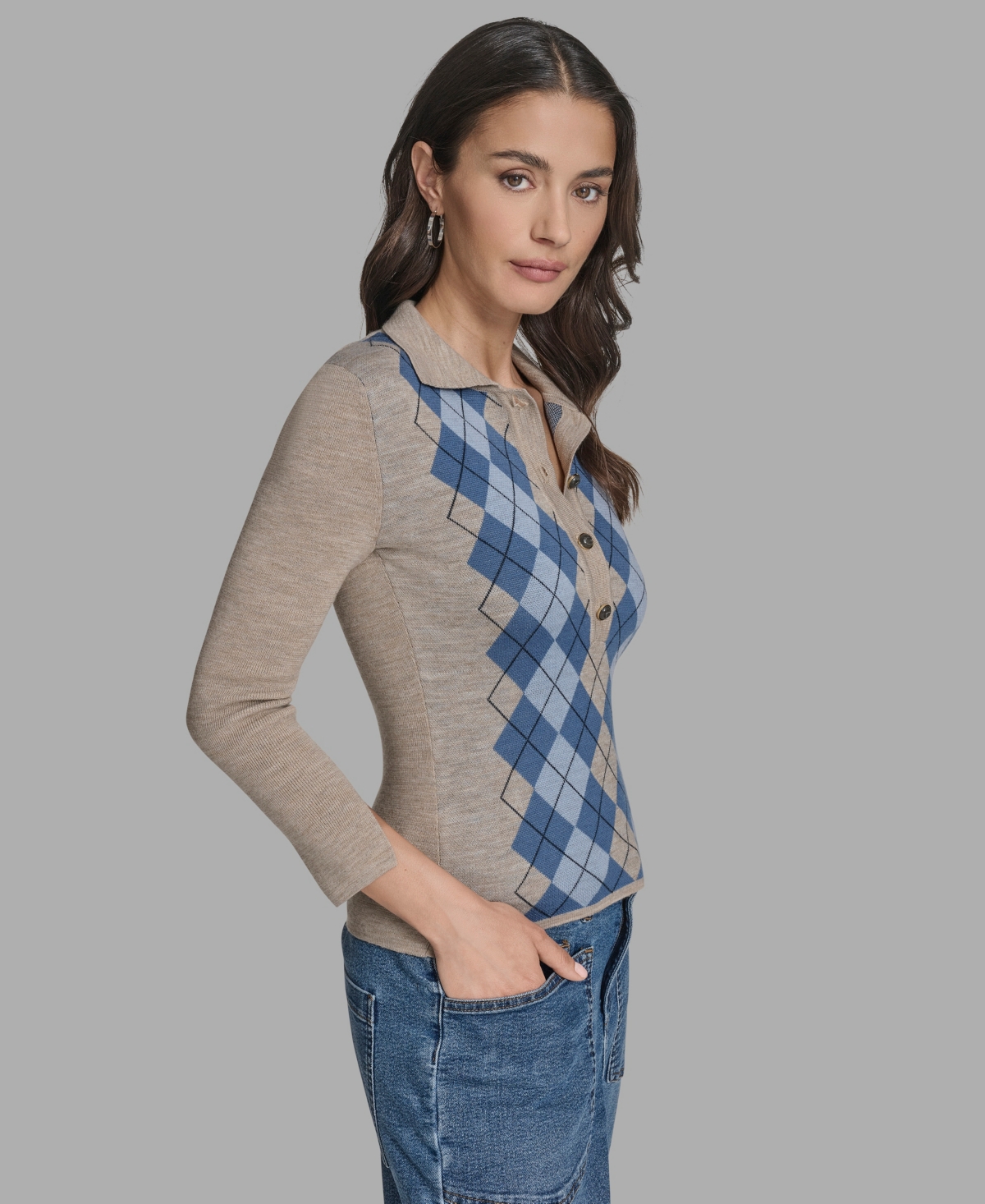 Bcbg Women's Long Sleeve Argyle Sweater In Brown