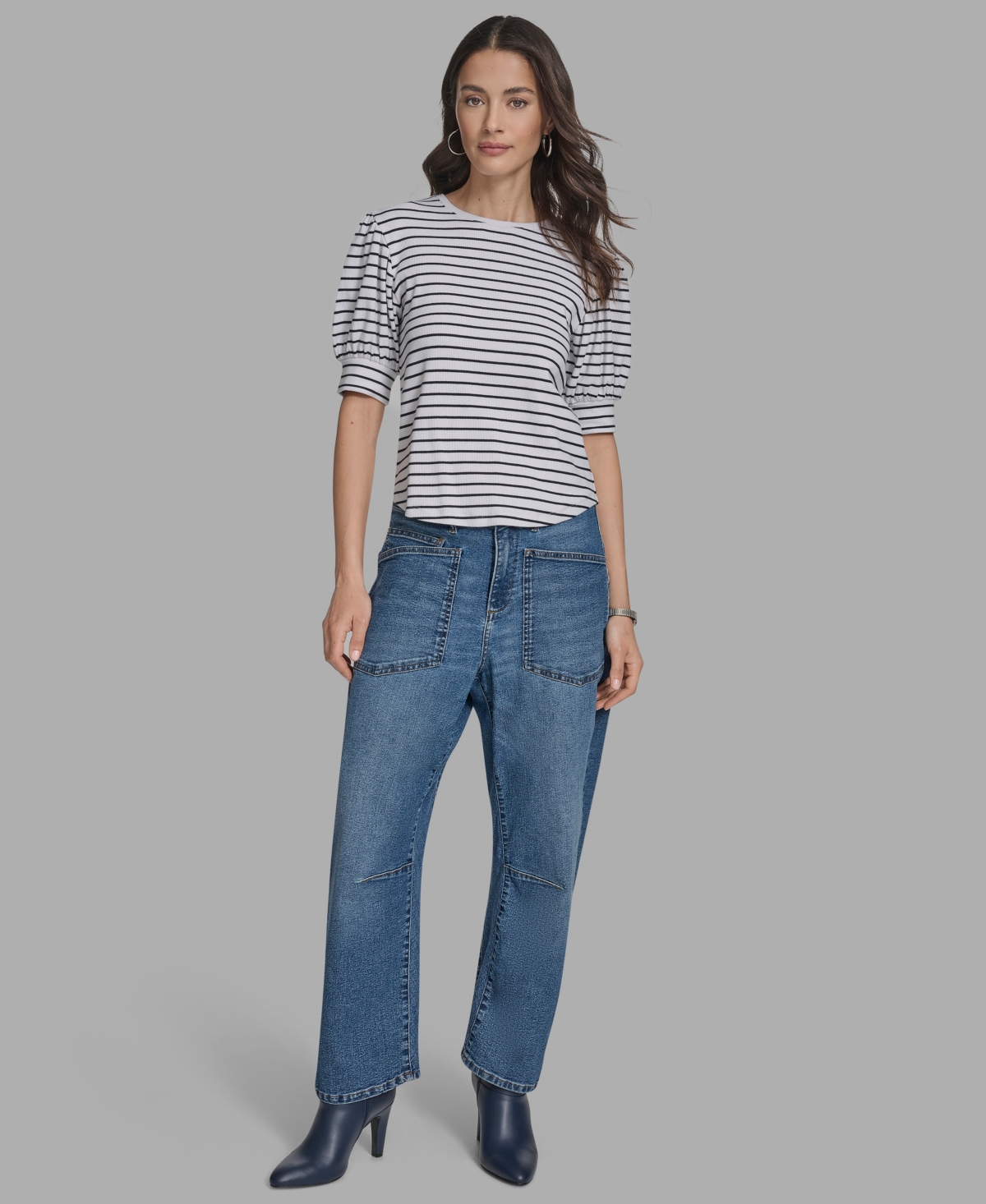 Bcbg Women's Short Sleeve Stripe Crewneck Top In Gray