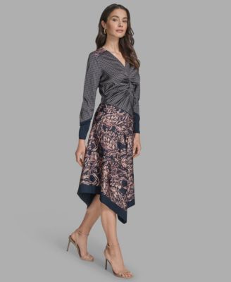 Women's Long Sleeve Mix-Print V-Neck Dress