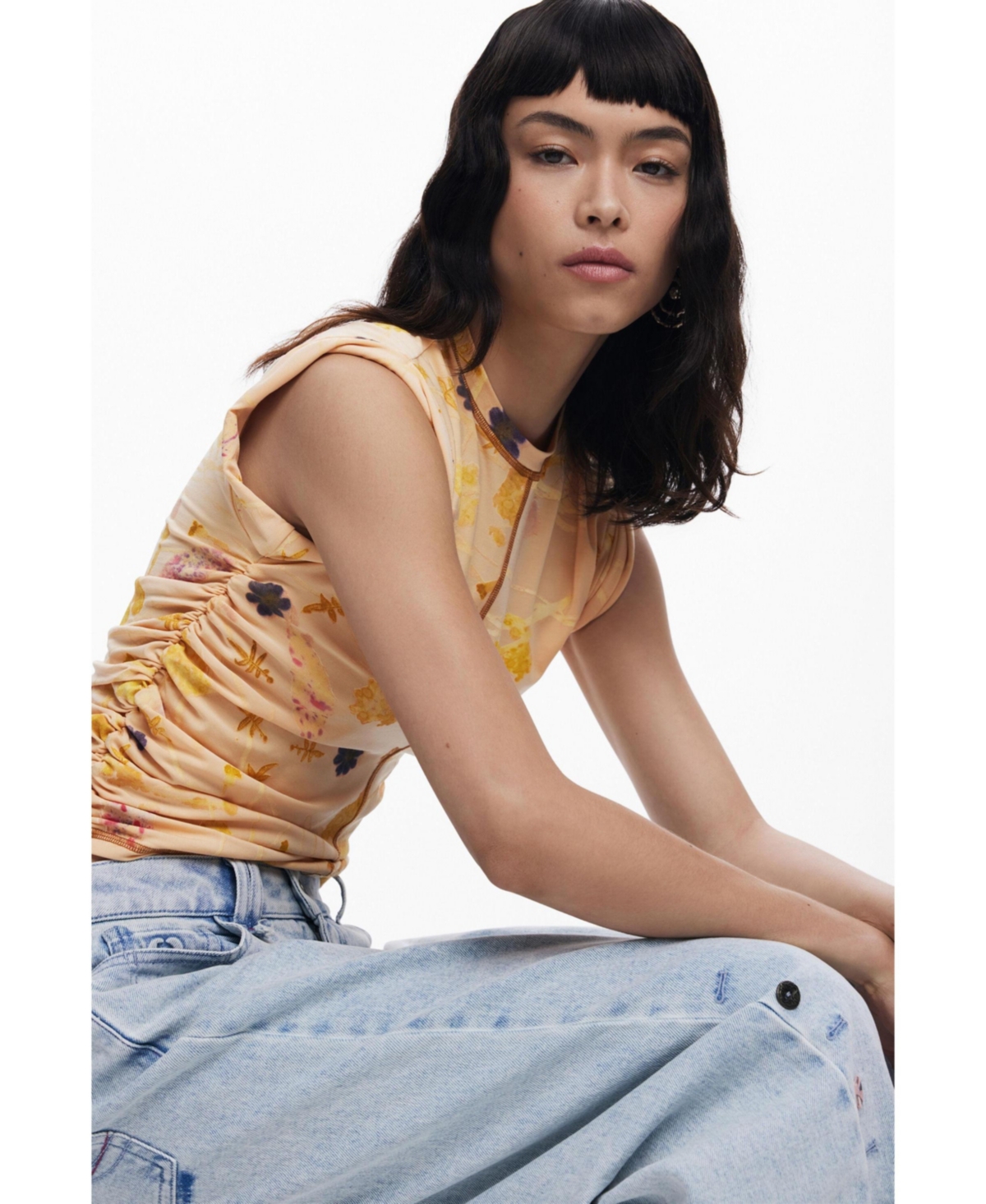 Desigual Floral Exposed Seam Top In Multi