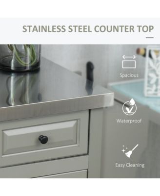 Gray Mobile Kitchen: Island Cart with Stainless Top and Multi-Storage