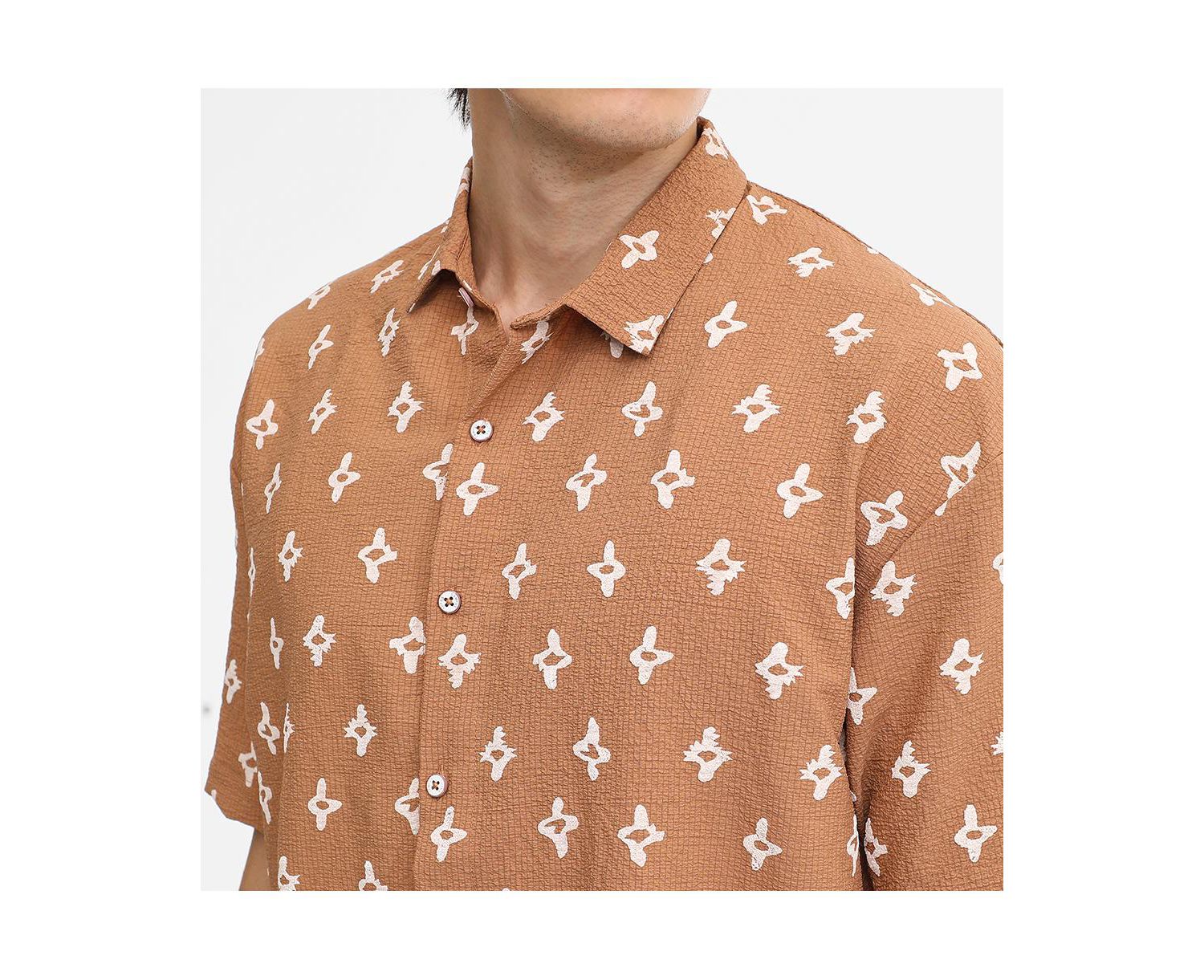 Men's Tan Floral-Tactile Oversized Shirt