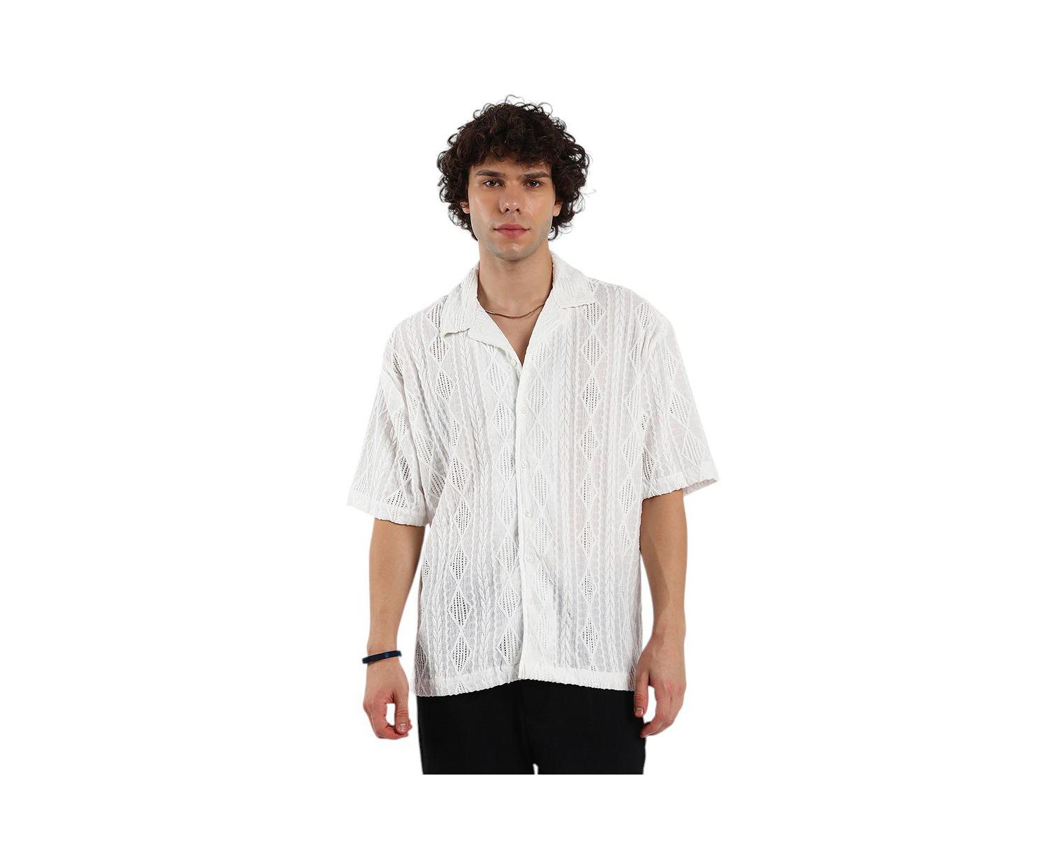 Men's Daisy White Argyle-Textured Oversized Shirt