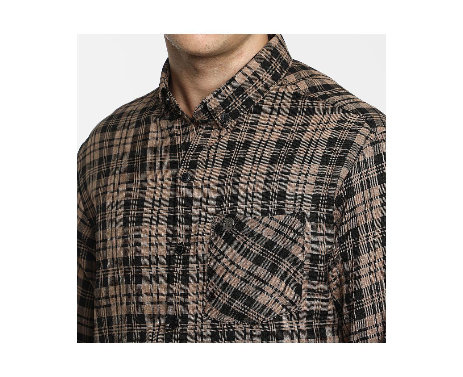 Men's Tan Brown & Charcoal Black Tartan Plaid Shirt