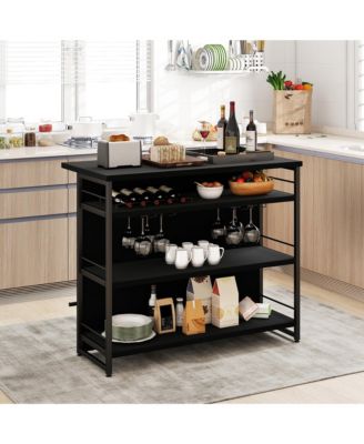 Industrial Kitchen Island Bar Table 4-Tier Storage Shelf Wine Rack Glass Holders