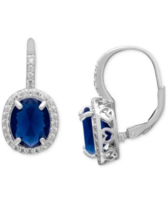 Macy's - Lab Grown Blue Sapphire (6-1/3 ct. t.w.) & Lab Grown White Sapphire (1/2 ct. t.w.) Halo Oval Leverback Earrings in Sterling Silver