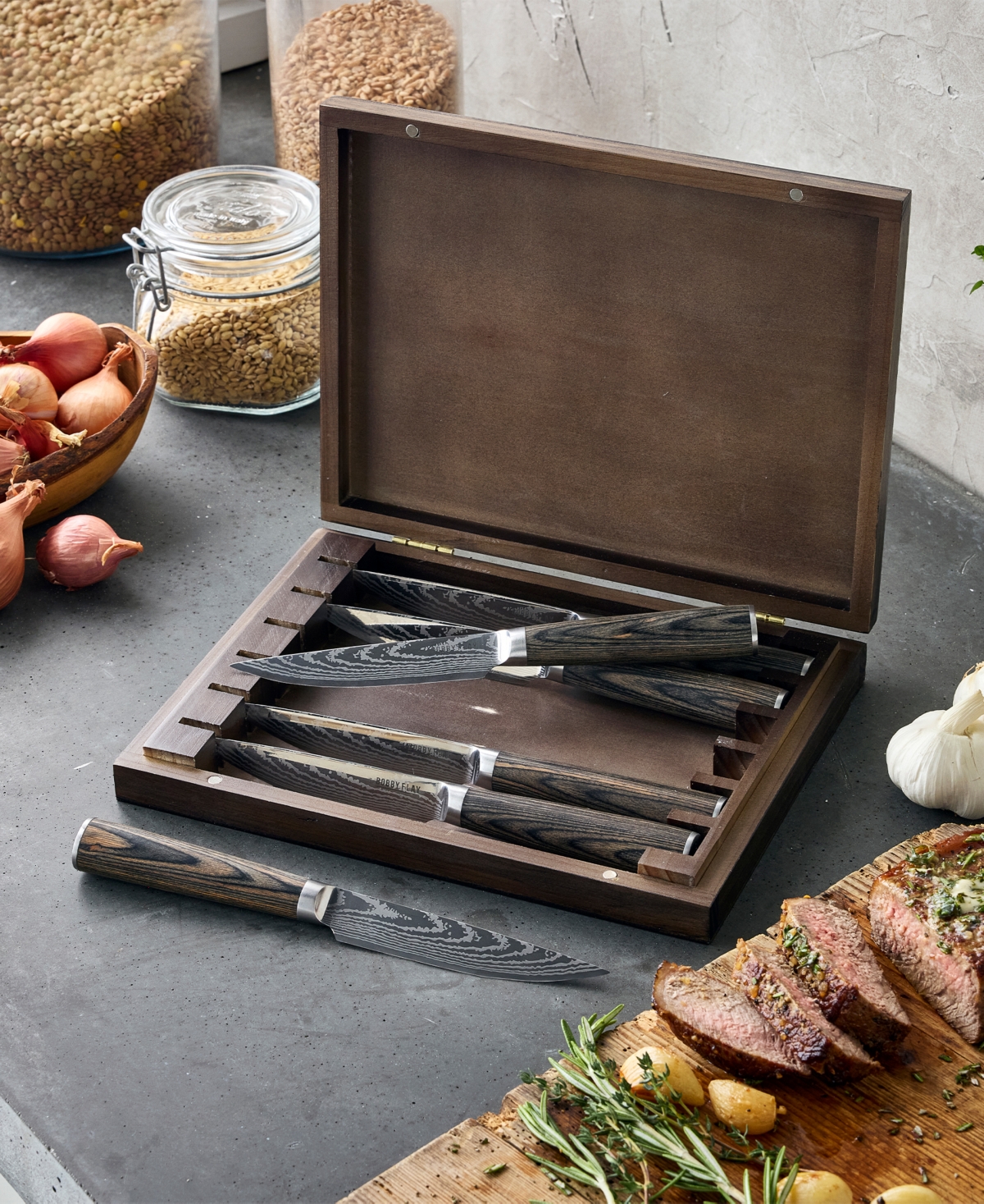 Greenpan Bobby Flay 6-pc. Steak Knife Set With Wood Storage Box In Brown