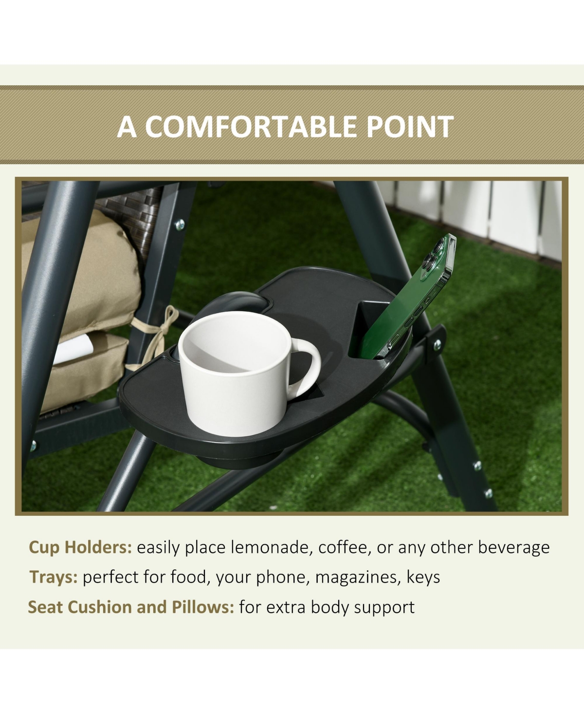 Outsunny 3-Seat Porch Swing with Canopy Outdoor Swing with Cushion, Pillows