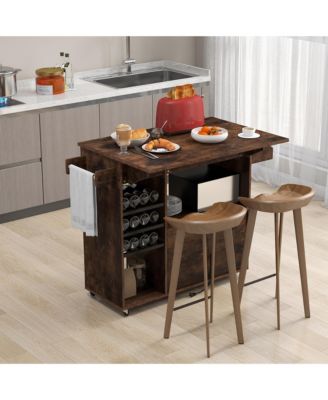 Drop-Leaf Kitchen Island Cart with Power Outlet, Microwave Shelf, Wine Rack & Drawer