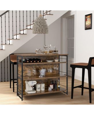 47" Metal, MDF Wine Rack, Glass Holders, Footrest, 4-Tier Shelf Industrial Kitchen Island Bar Table
