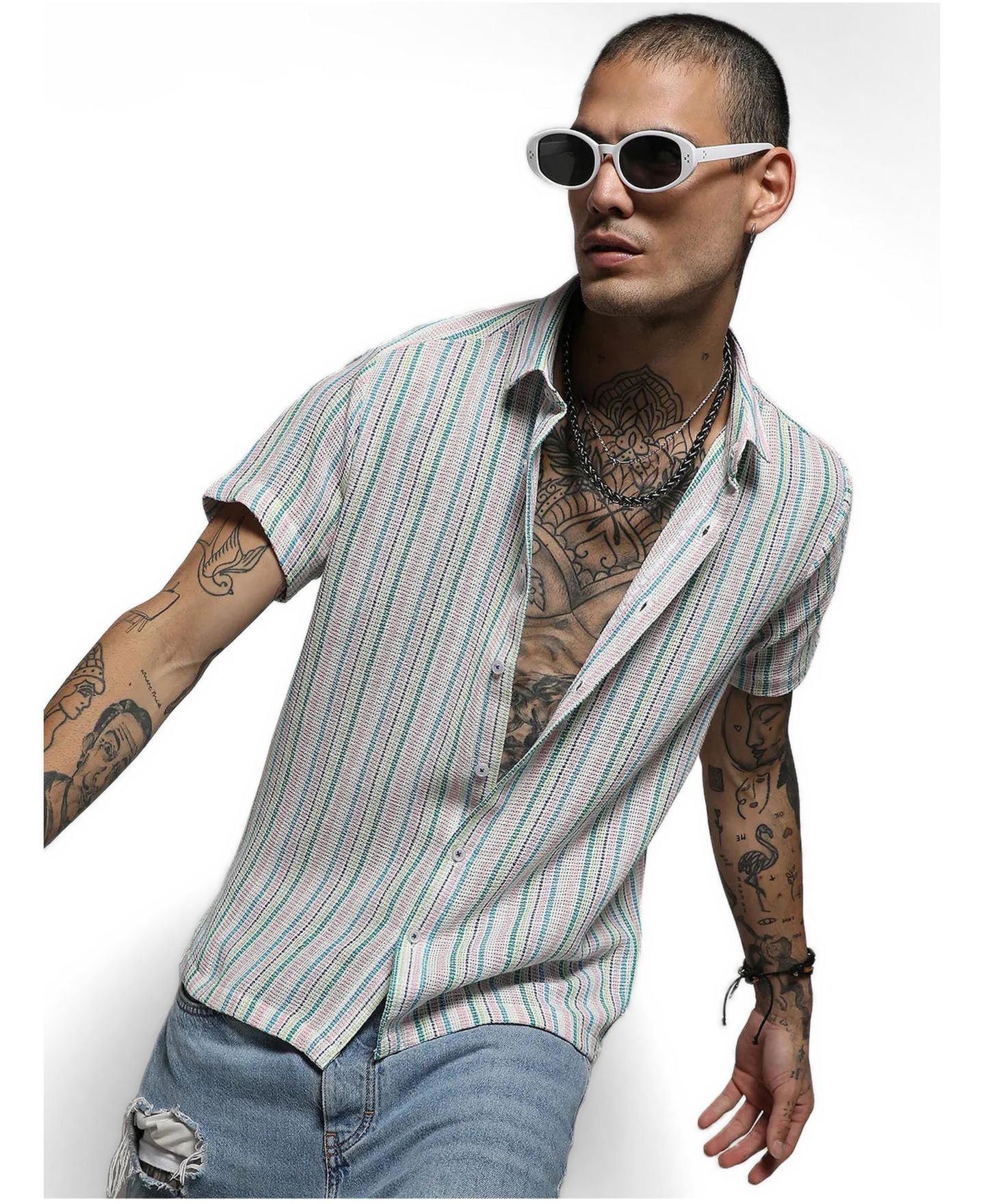 Мужская рубашка Cahoot Campus Sutra Pink & Green Unbalanced Striped Woven, цвет: Белый — фото 1