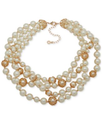 Anne Klein - Gold-Tone Caged Imitation Pearl Statement Necklace, 16" + 3" extender