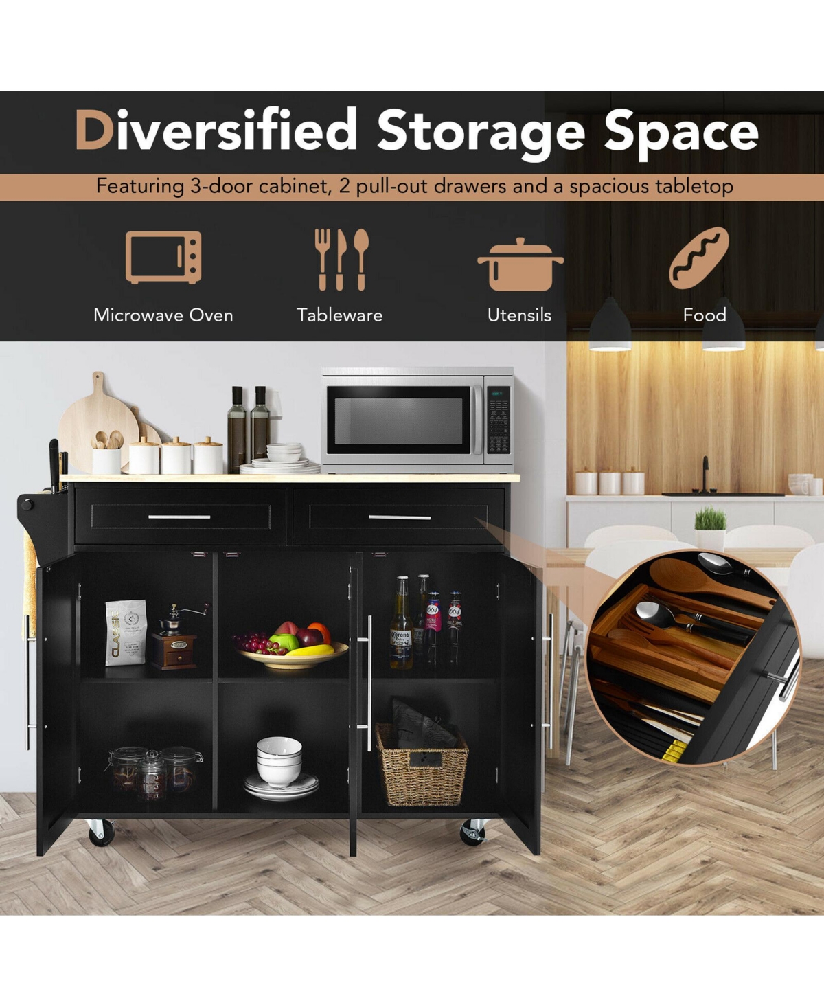 Gymax Kitchen Island Trolley Cart Wood Top Rolling Storage Cabinet w/Knife Block