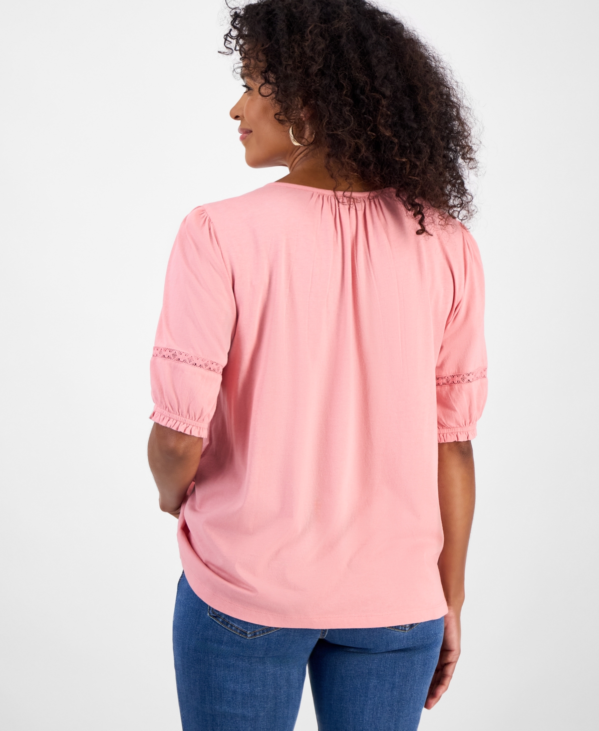 Style & Co Women's Lace-trim Elbow-sleeve Blouse, Macy's Exclusive In Pink