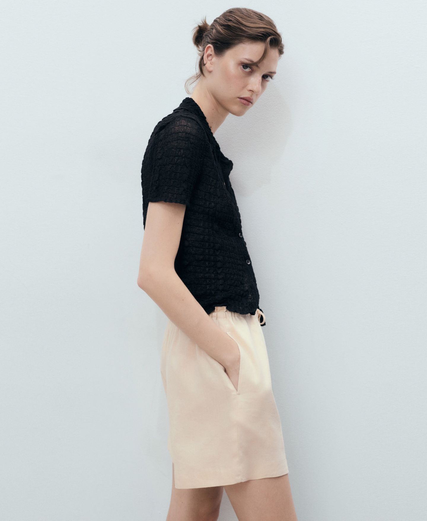 Женские шорты Mango Straight-Fit Drawstring Linen, цвет: Бежевый — фото 3