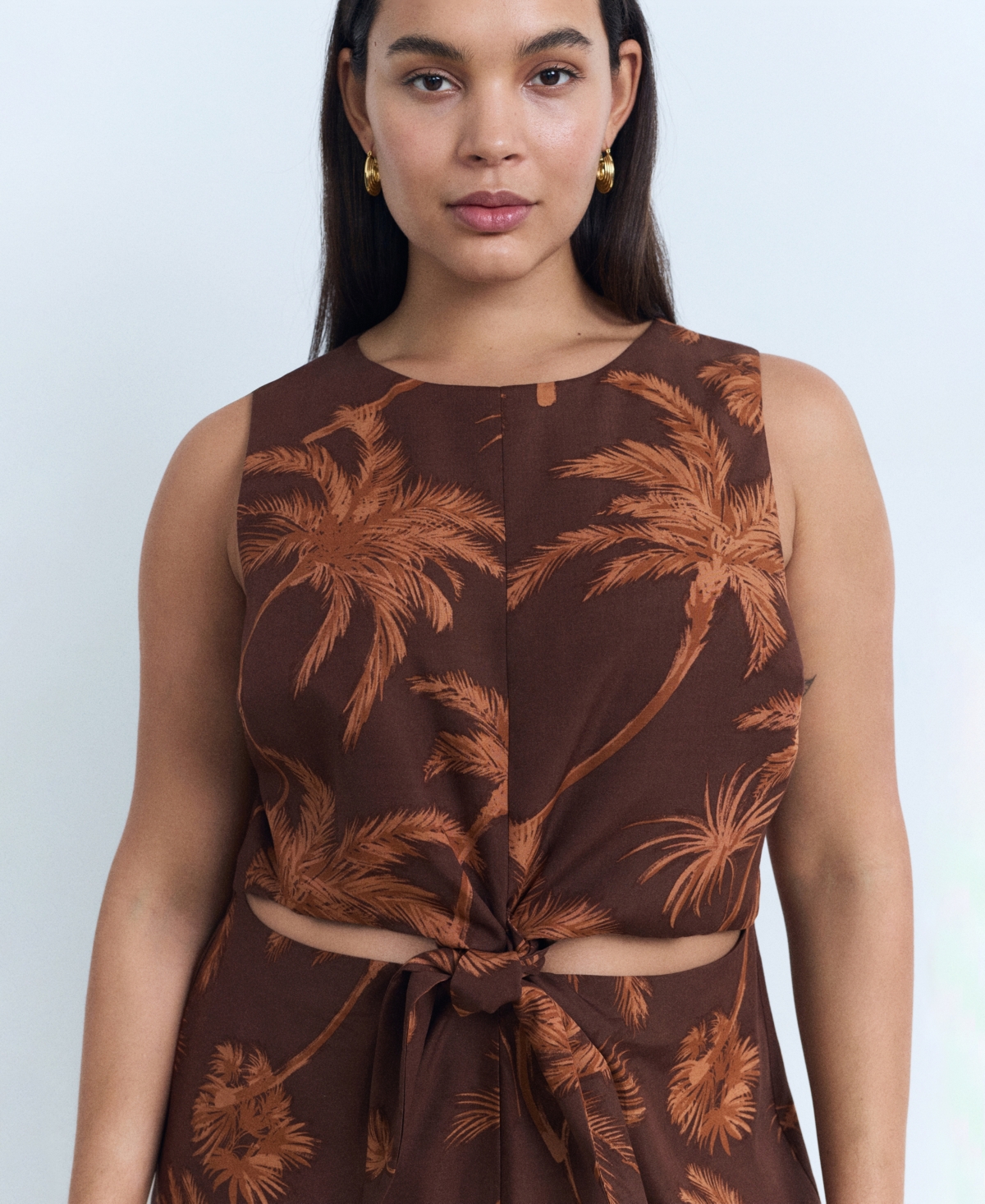 Mango Lyocell Jumpsuit Cut Out Knot Detail Brown In Brown