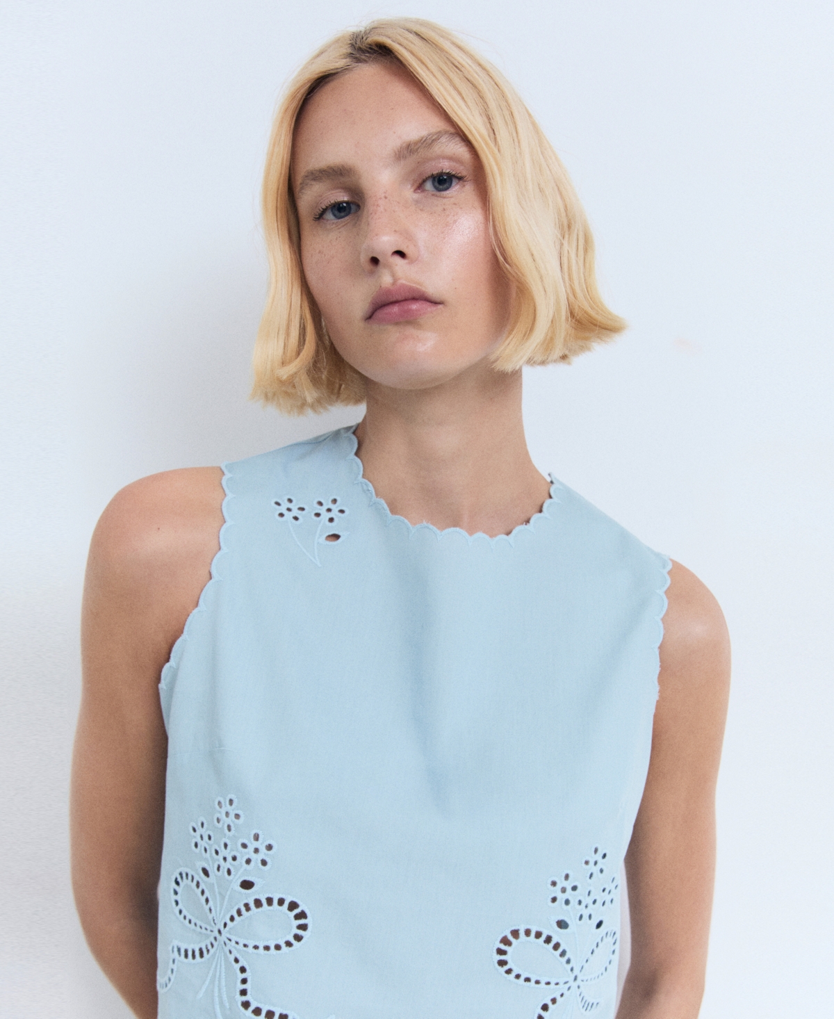 Mango Eyelet Embroidered Cotton Crop Top In Blue