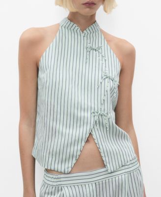 MANGO - Women's Strap Neckline And Laces Striped Top