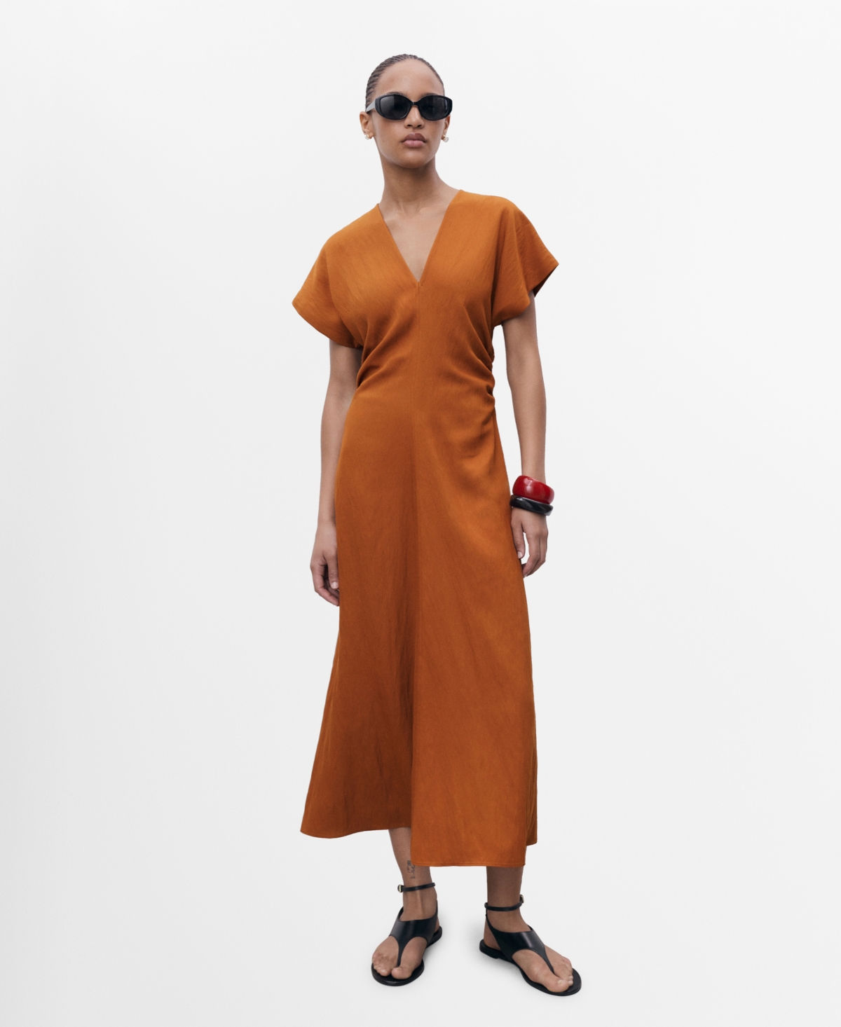 Mango Midi Dress With Gathered Sides Brown In Brown