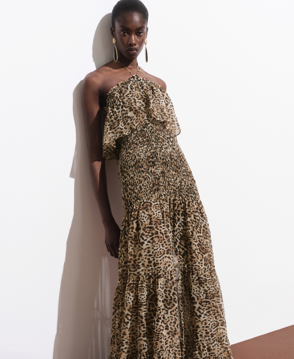 Mango Leopard Print Halter Maxi Dress In Brown