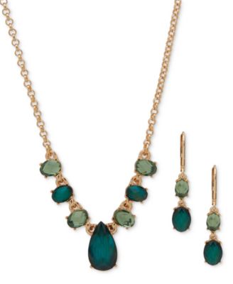 Gold-Tone Stone Drop Earrings & Frontal Necklace, 16" + 3" extender