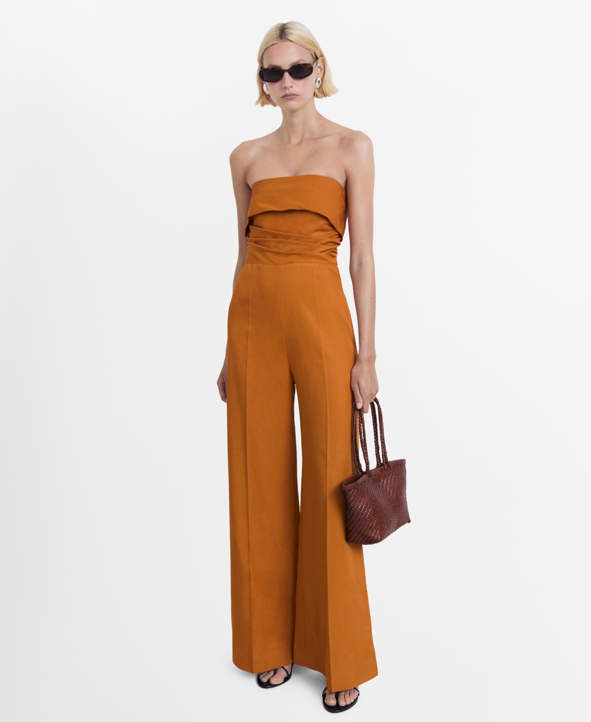 Women's Linen-Blend Strapless Jumpsuit - Brown