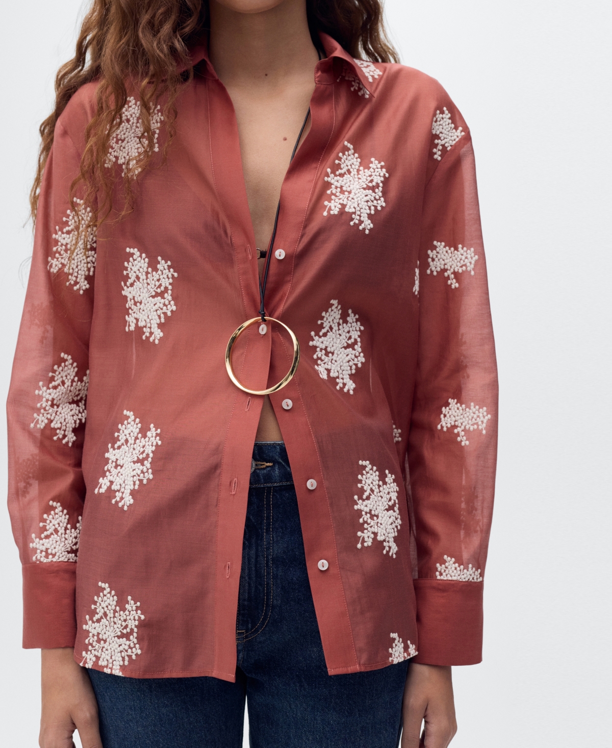 Mango Embroidered Semi-transparent Shirt Russet In Red