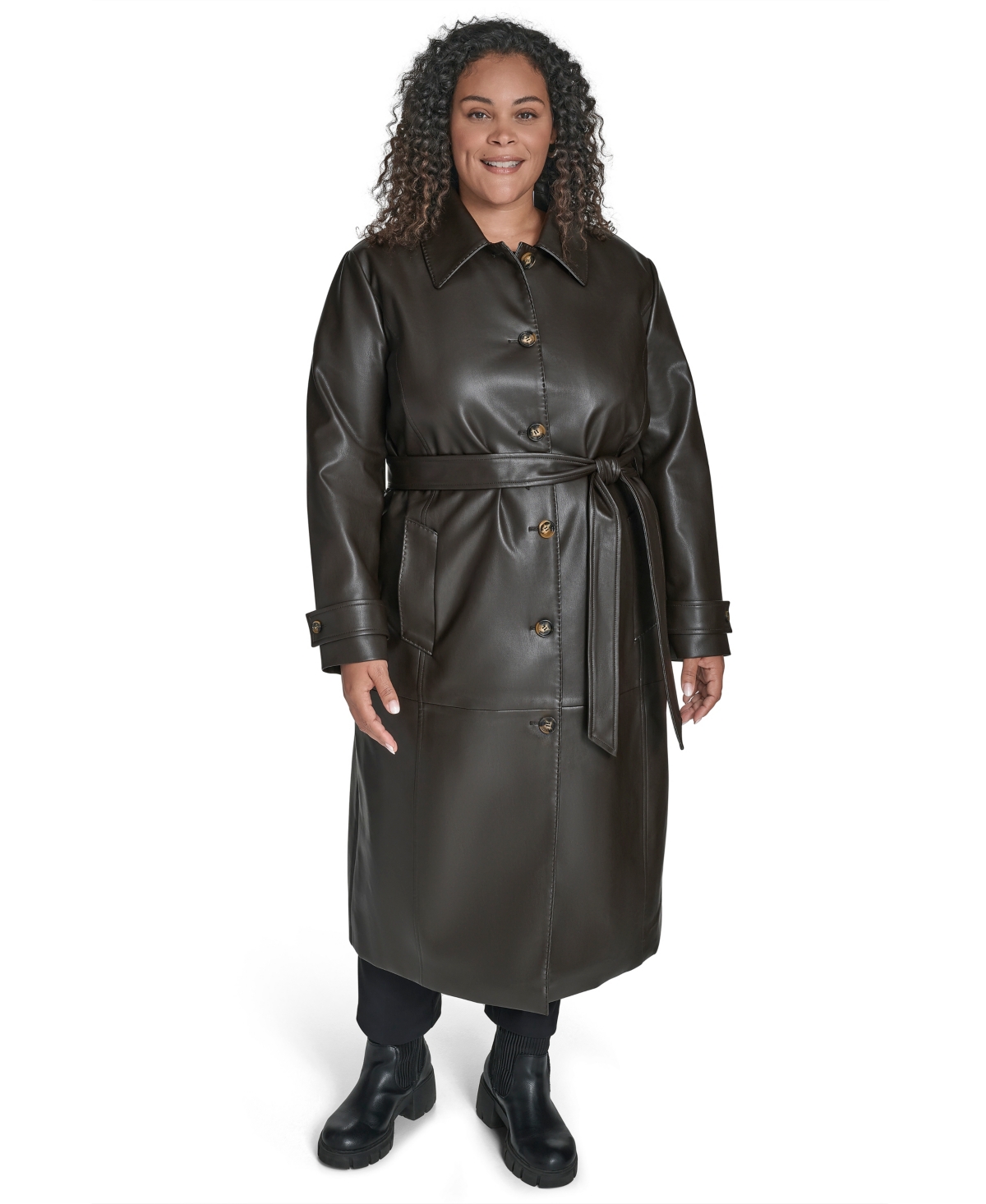 Calvin Klein Plus Size Belted Faux Leather Trench Coat In Black