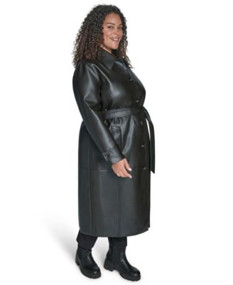 Plus Size Belted Faux Leather Trench Coat
