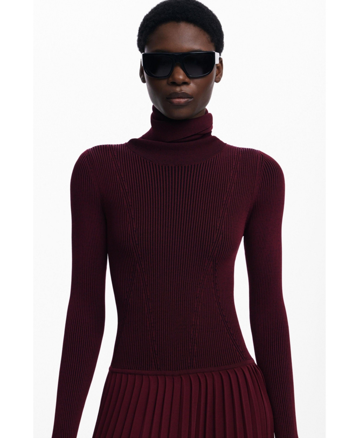 Desigual Long Sleeve Pleat Turtleneck Maxi Dress In Burgundy