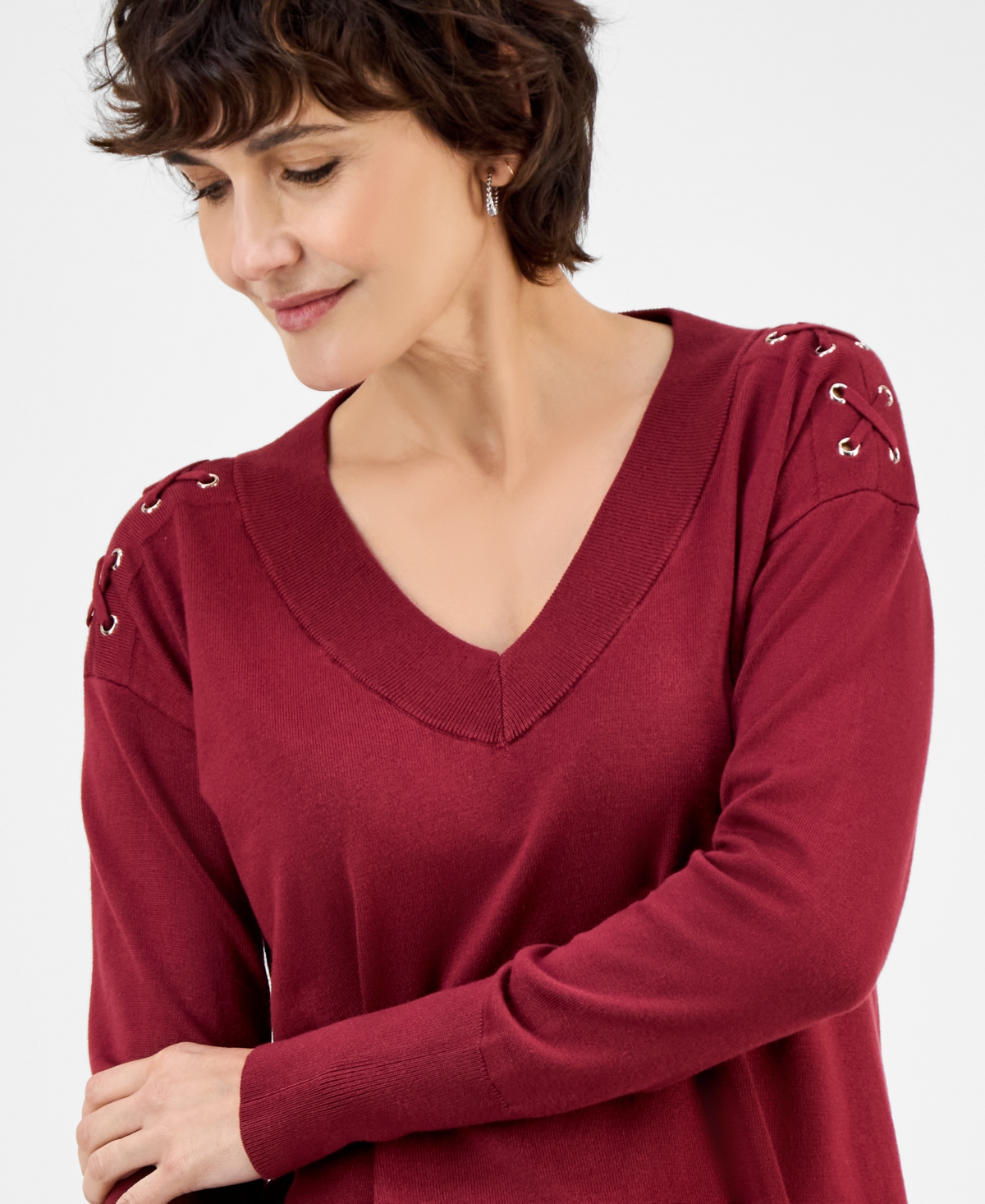 Jm Collection Women's Lace-up Shoulder V-neck Sweater, Exclusively At Macy's In Burgundy