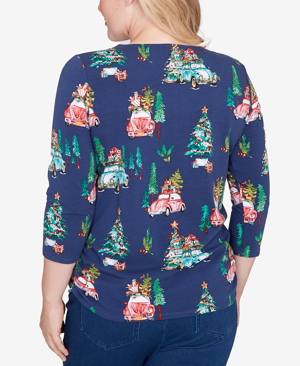 Alfred Dunner Petite Christmas Tree Beaded Top In Blue