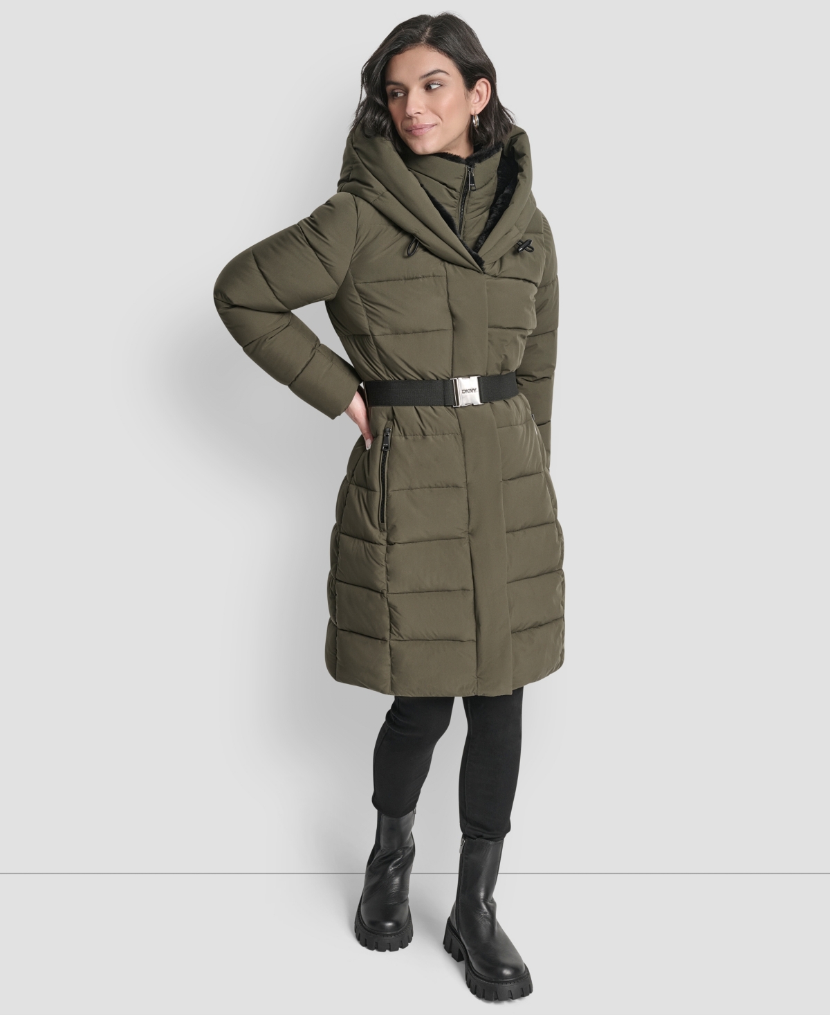Dkny Women's Belted Asymmetrical Zip Front Puffer Coat In Gold