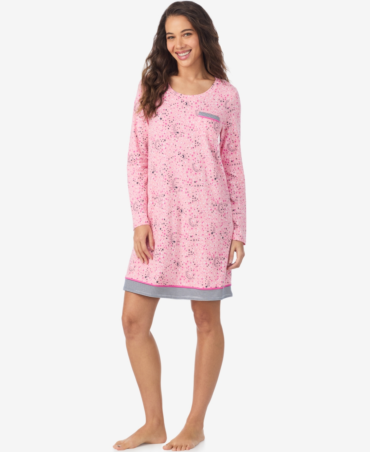 Cuddl Duds Women's Stars Print Long Sleeve Short Sleepshirt In Pink