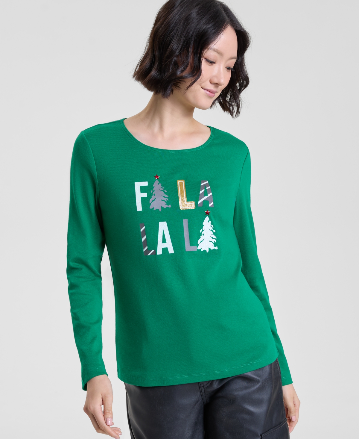 Holiday Lane Women's Fa La La Graphic Top, Macy's Exclusive In Green