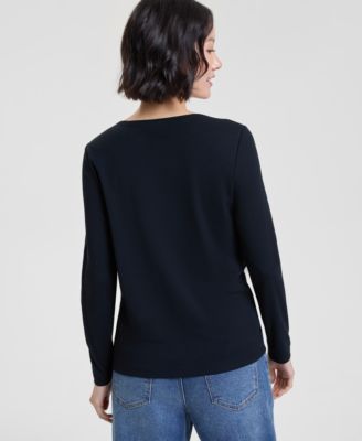 Women's Petite Festive Trees 3/4 Sleeve Scoop Neck Shirt, Macy's Exclusive