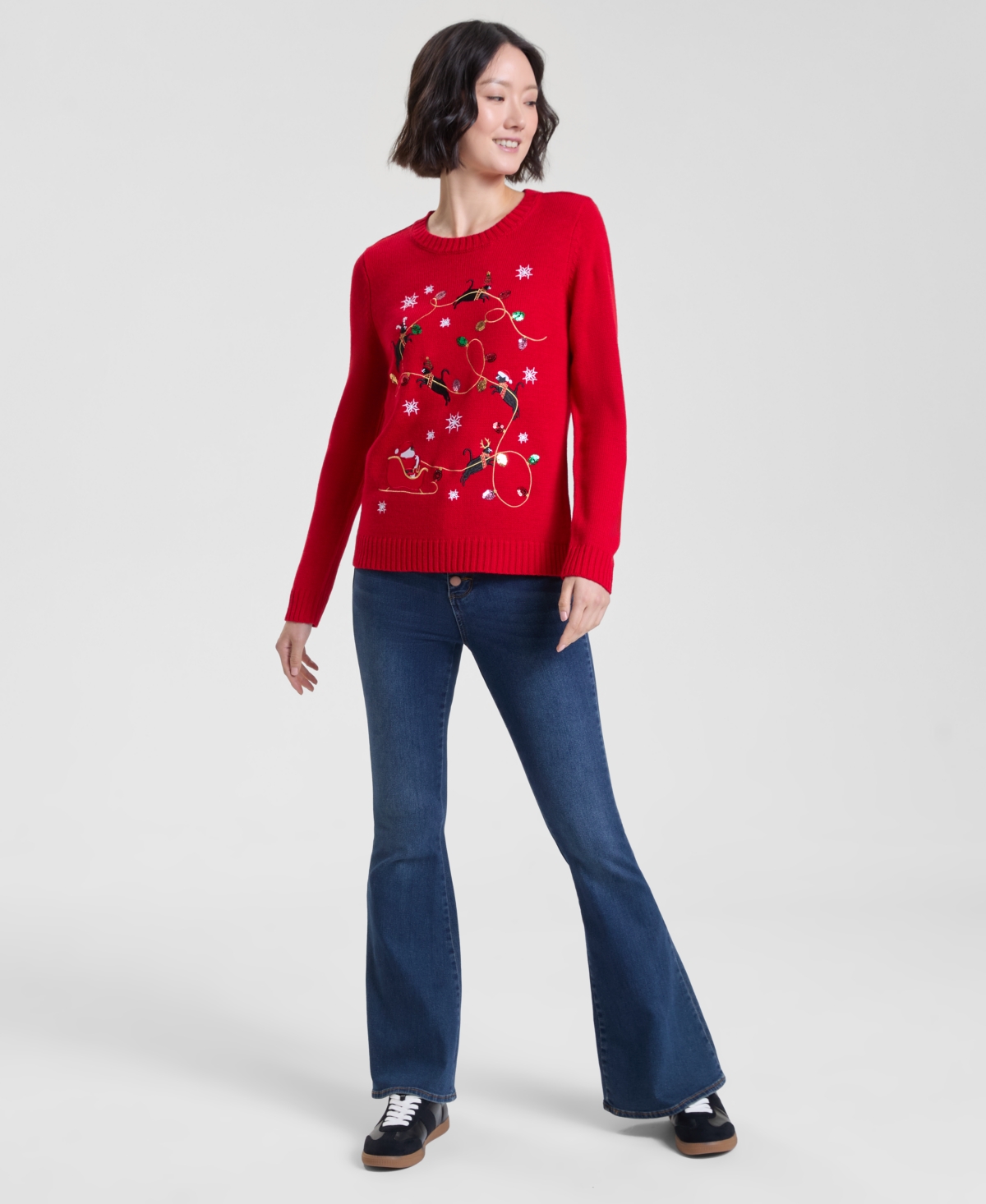 Holiday Lane Women's Kitten Sleigh Crewneck Sweater, Created For Macy's In Red