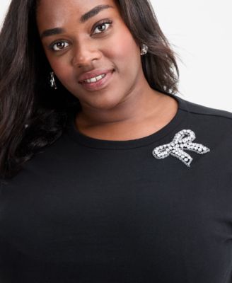 Trendy Plus Size Embellished Bow Cotton T-Shirt, Macy's Exclusive