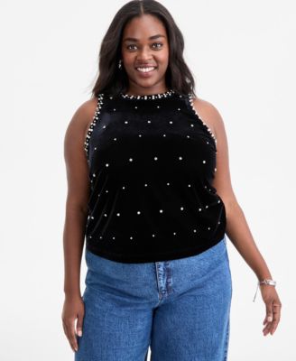On 34th - Trendy Plus Size Rhinestone-Embellished Velvet Top