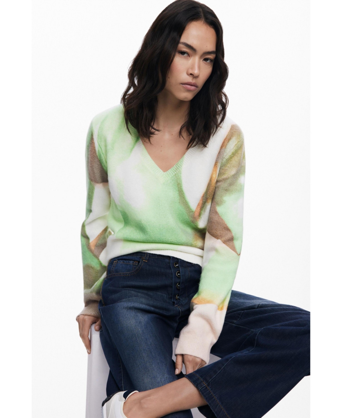 Desigual Abstract Print V-neck Sweater In Green