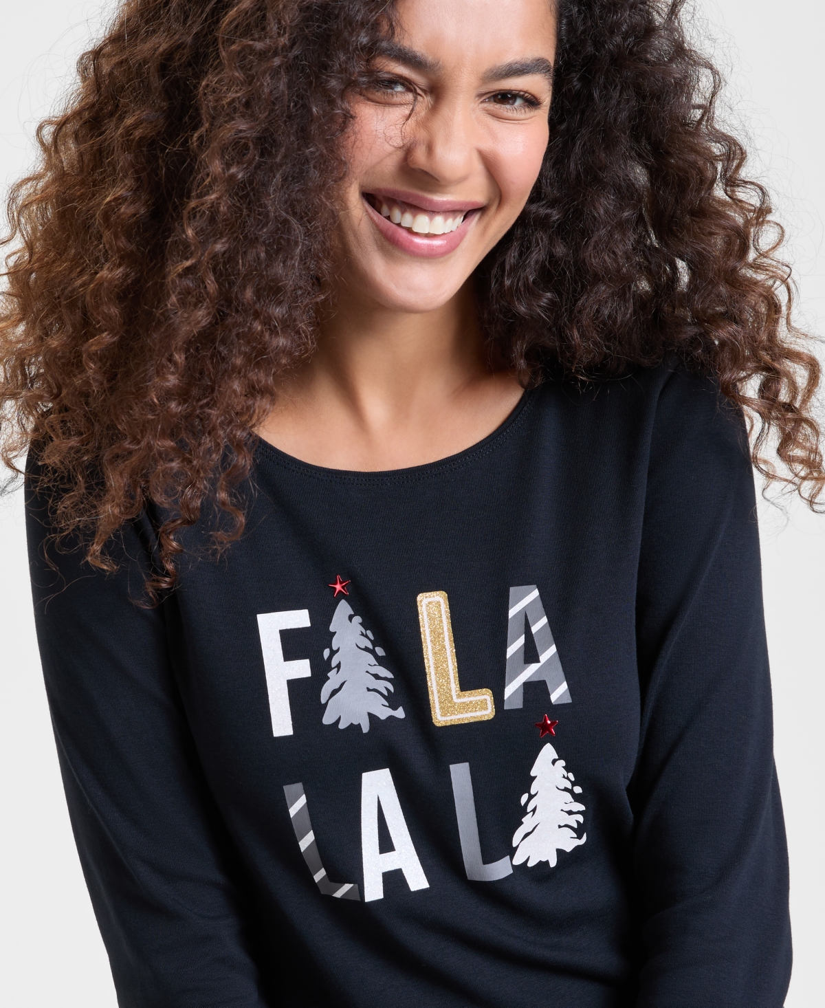 Holiday Lane Petite Fa La La La Long-sleeve Tee, Macy's Exclusive In Black