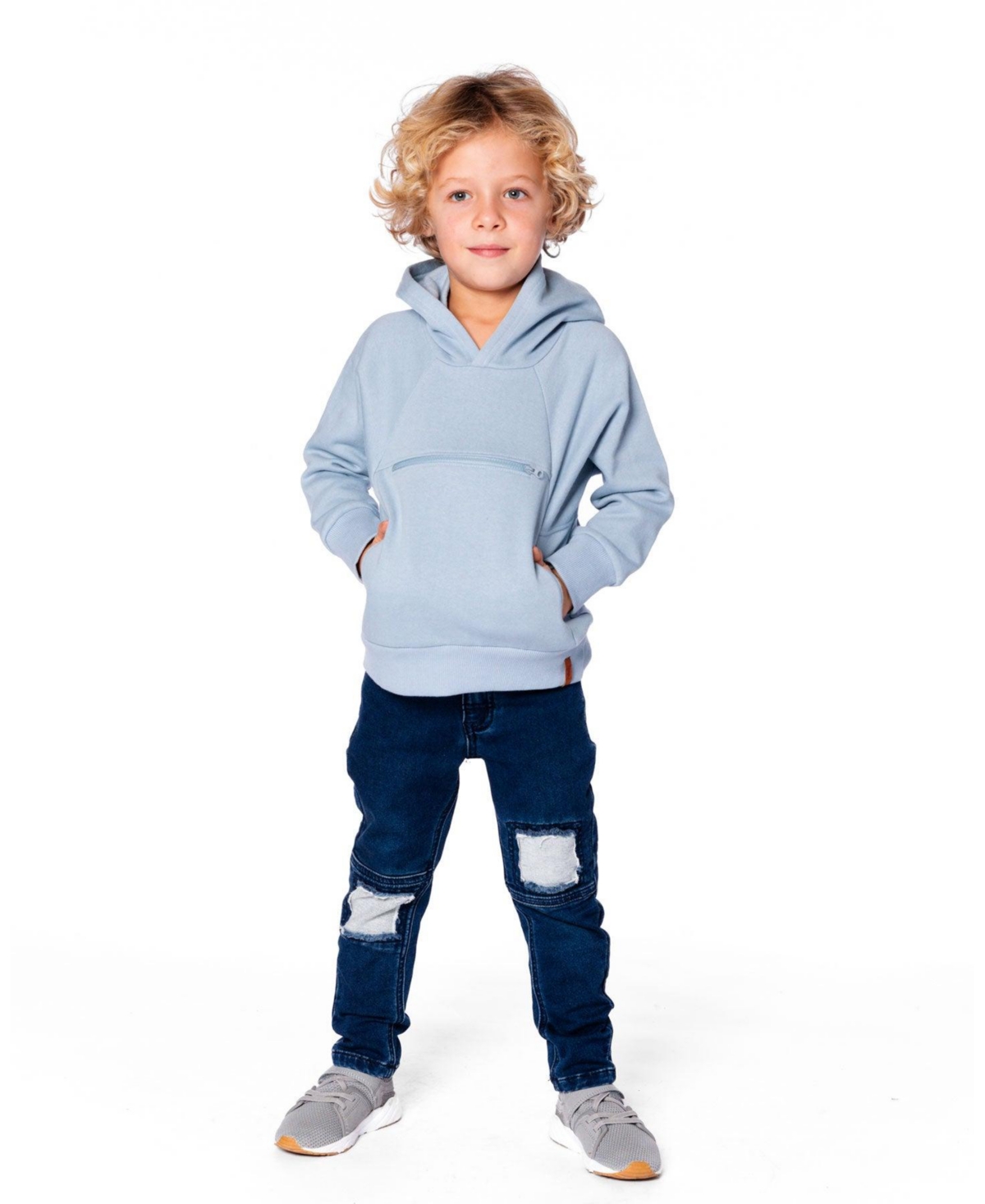 Deux par Boy Pullover Hooded Fleece Sweatshirt with Zip Pocket Light Blue