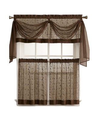Living Complete 4 Piece Linen Leaf Embroidered Complete Kitchen Curtain Set - 58 in. W x 36 in. L, Gold
