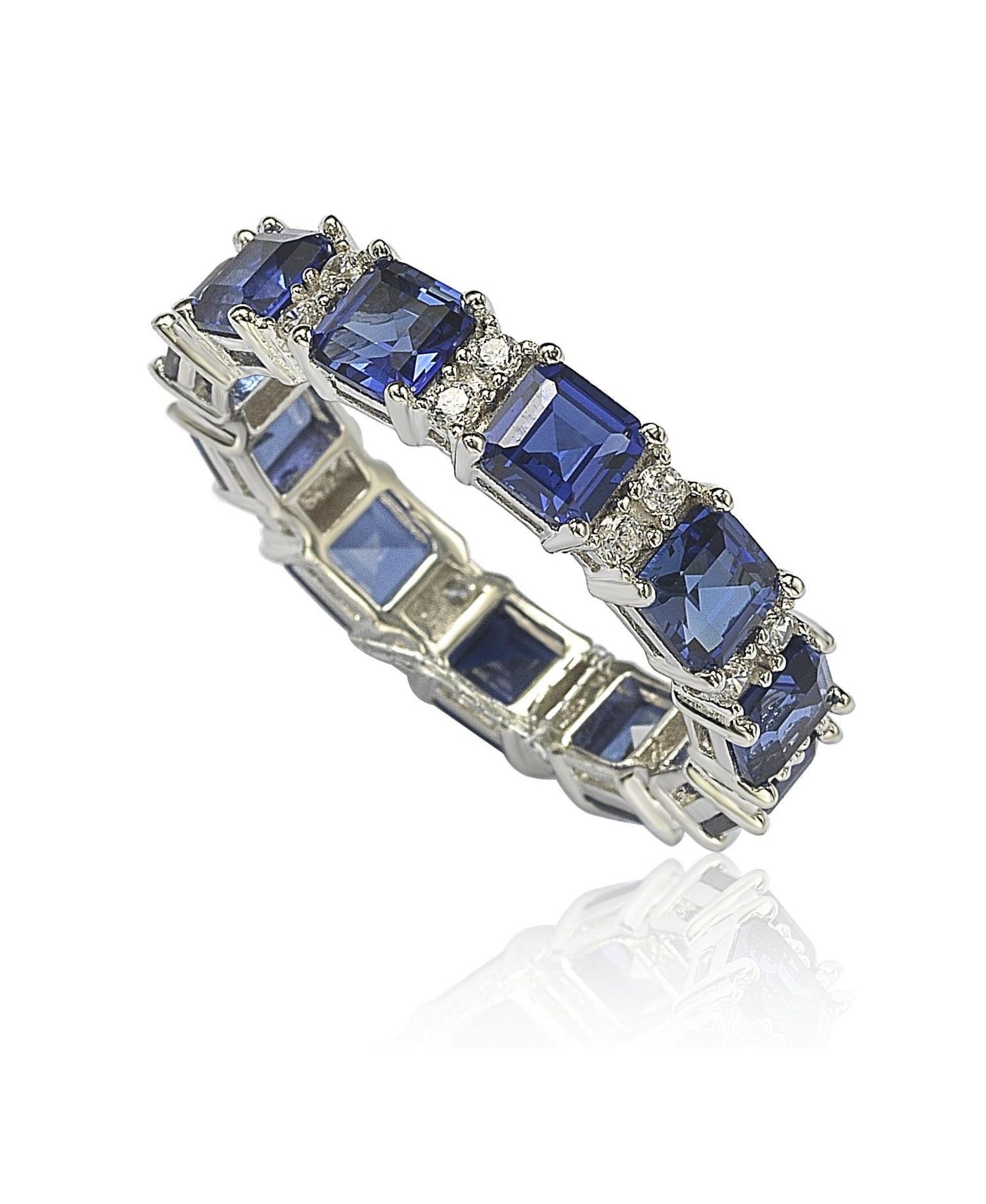 Suzy Levian Sterling Silver Sapphire & Created White Sapphire Assacher Cut Eternity Band Ring