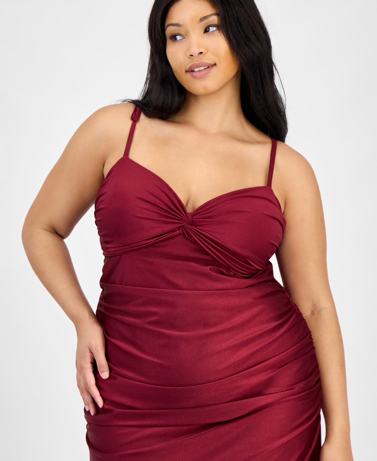 City Studios Trendy Plus Size Twist-front Ruched Satin Gown In Red