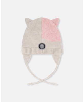 Girl Lined Knit Hat with Ears Off-White and Pink - Toddler|Child