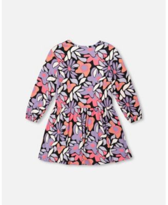 Girl Jersey Dress Black Retro Flower Print - Toddler|Child