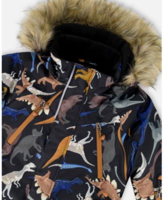 Boy Two-Piece Play Snowsuit with Printed Dinosaurs Jacket Brown - Child