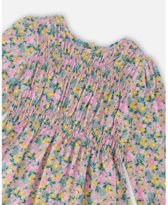 Girl Smocked Viscose Dress Green with Floral Print - Child